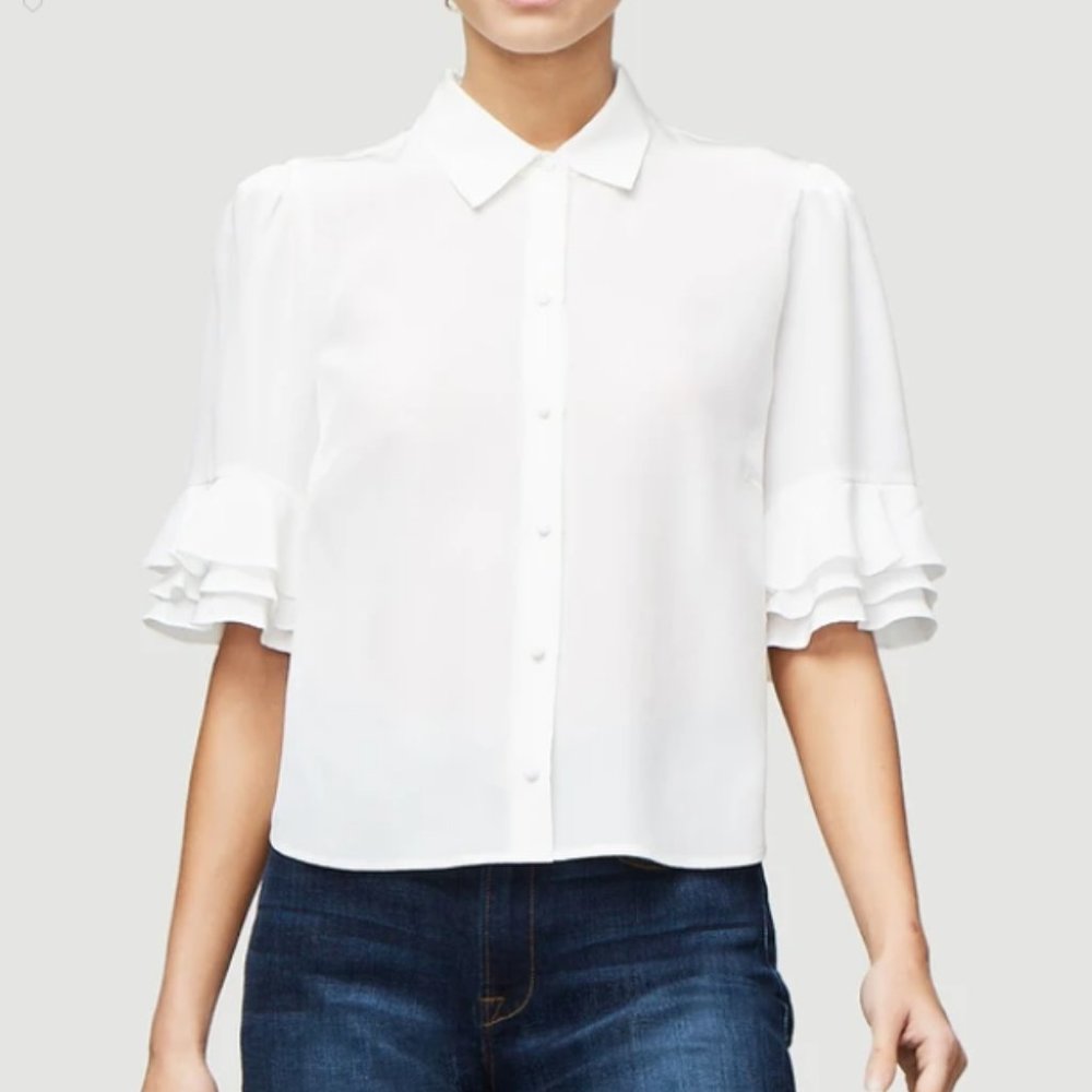 Frame Ruffle Sleeve Silk Blouse In Blanc
